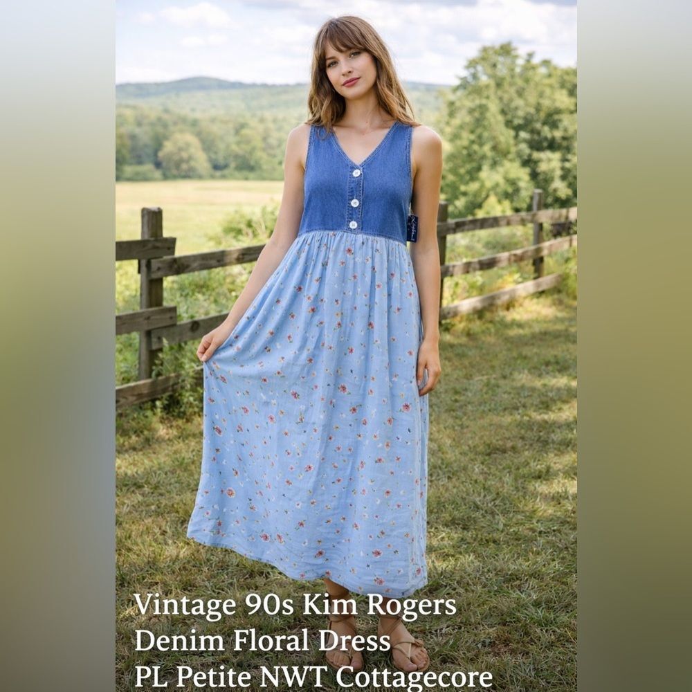 Kim Rogers Denim Floral Dress PL Petite NWT Vintage 90s